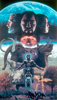 Painting from American Museum of Natural History in NYC, suggesting a progression from apes to black man, to white/modern man
